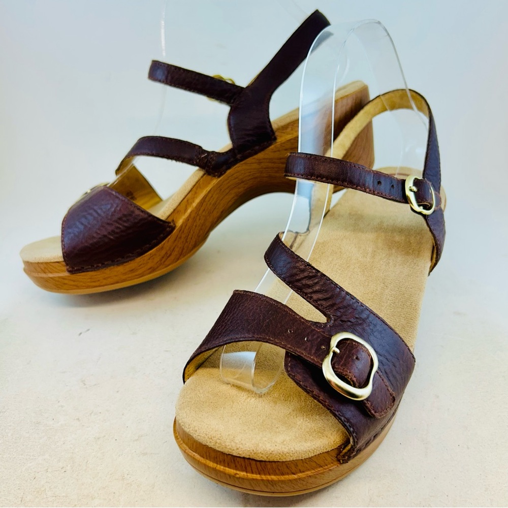 Dansko Brown Leather Ankle Buckle Sandi Clog Sandals, size 41 10.5 11